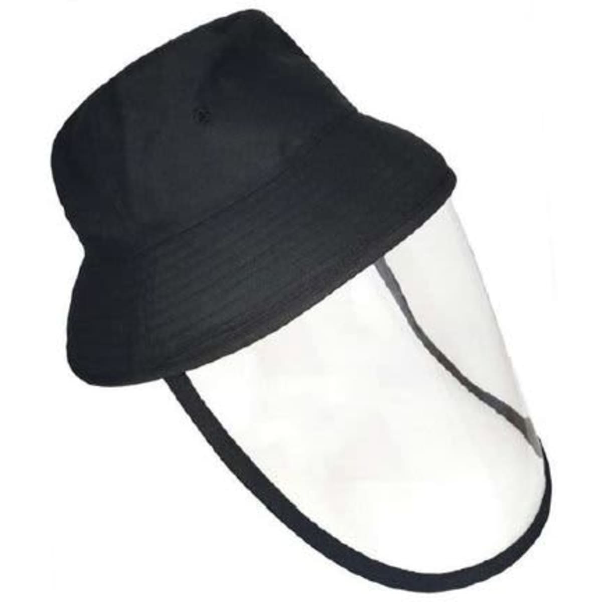 A black bucket hat with an attached clear face shield and adjustable strap.