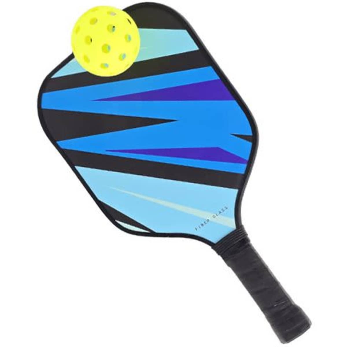 A pickleball paddle with a blue and black design, paired with a bright yellow pickleball on top.