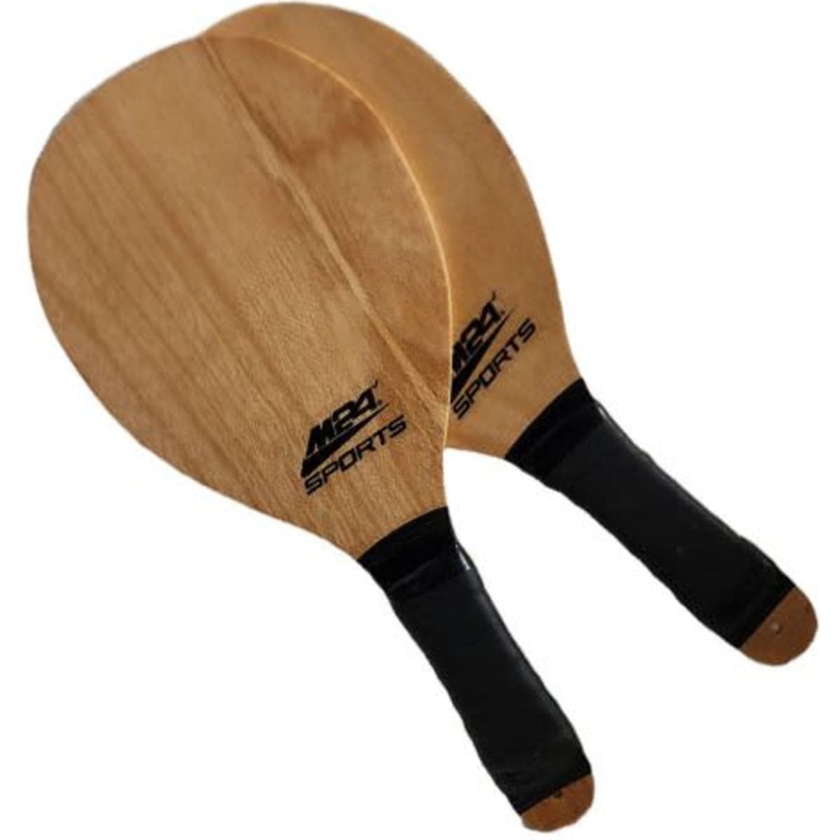 A pair of wooden paddle bats with black handles and branding on the side.