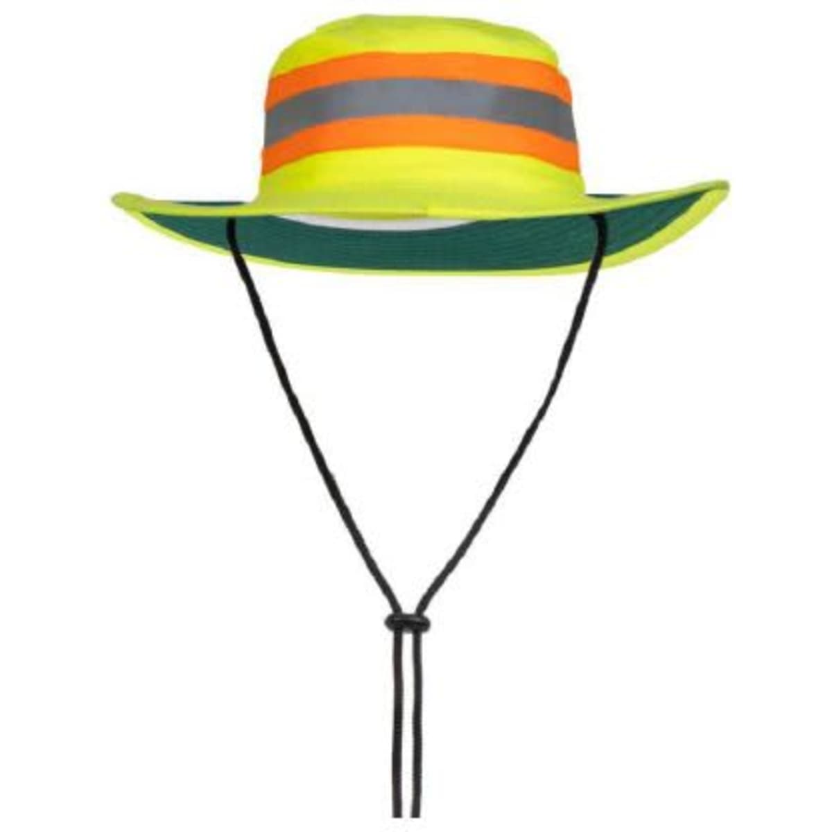 A high-visibility bucket hat in bright yellow with orange and grey reflective stripes, featuring a black cord.