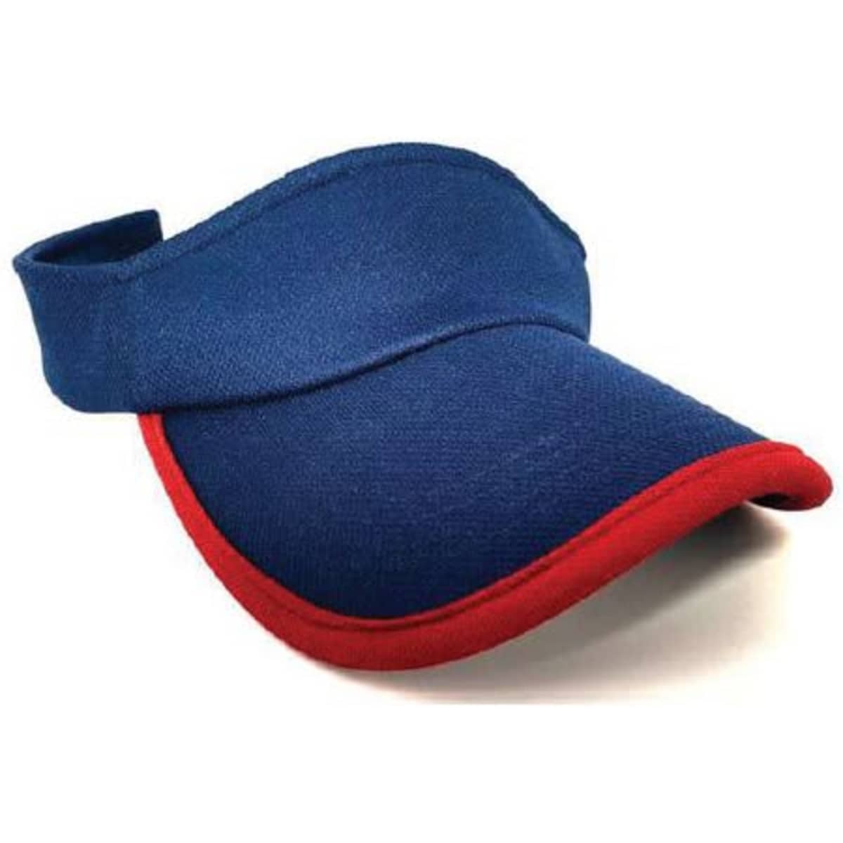 A blue visor cap with a red trim and an adjustable strap at the back. It features a branded logo.
