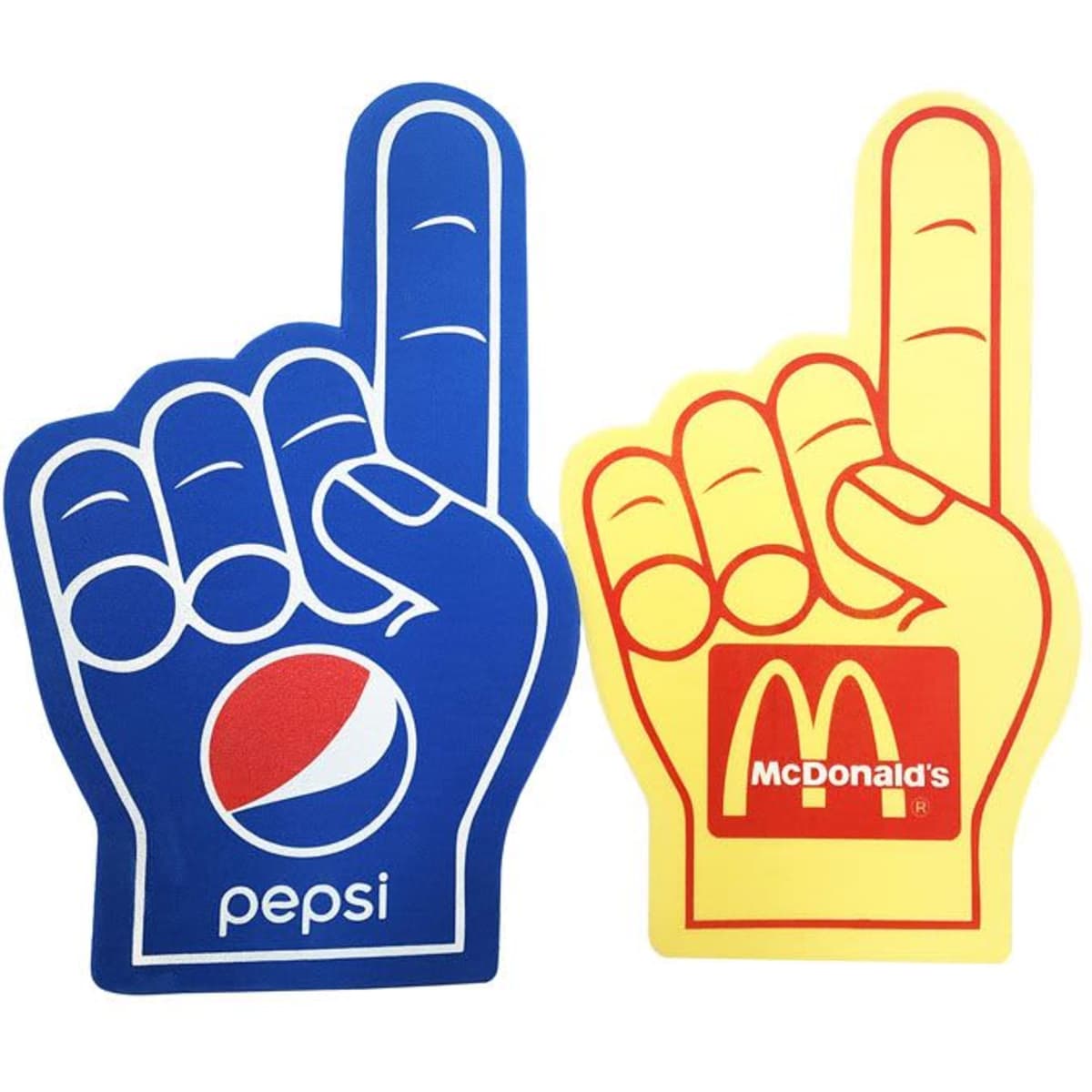 A pair of foam fingers, one blue with a Pepsi logo and one yellow with a McDonald's logo.