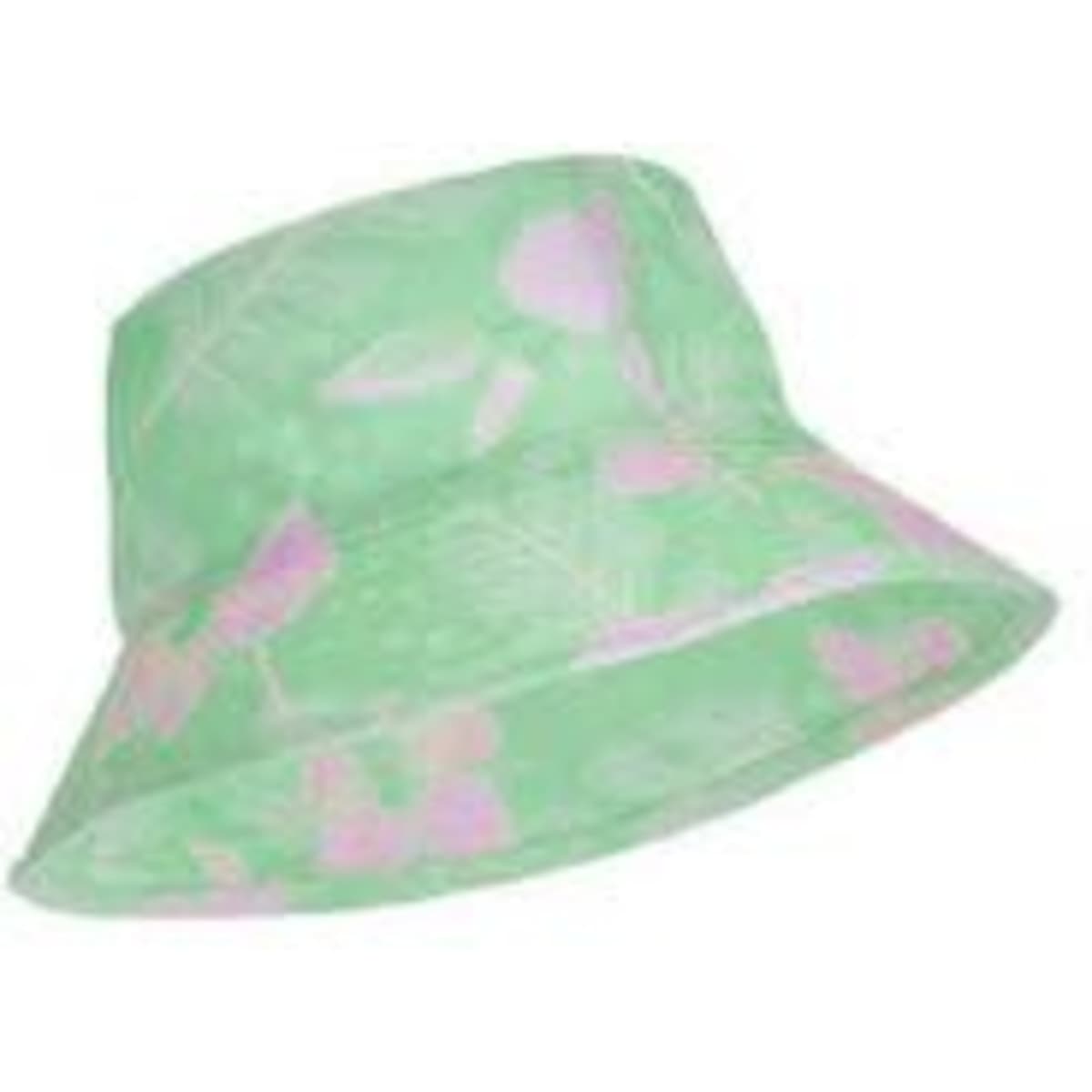 A bucket hat in green with a floral pattern in pink. The hat features a wide brim and a relaxed fit.