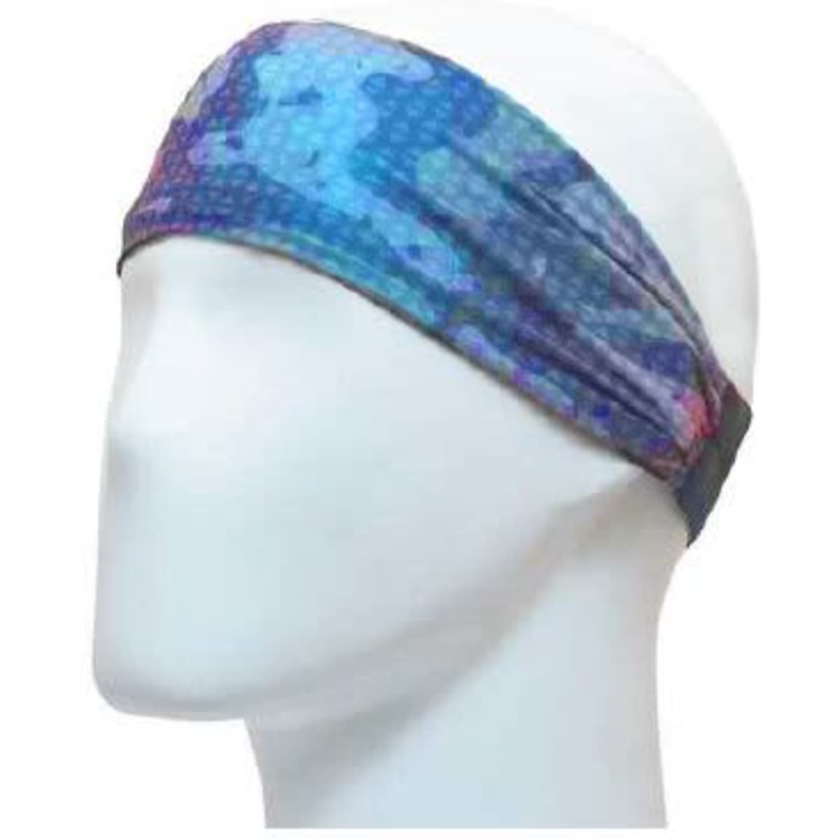 A headband with a multicoloured pattern of blue, purple, and pink, displayed on a mannequin head.