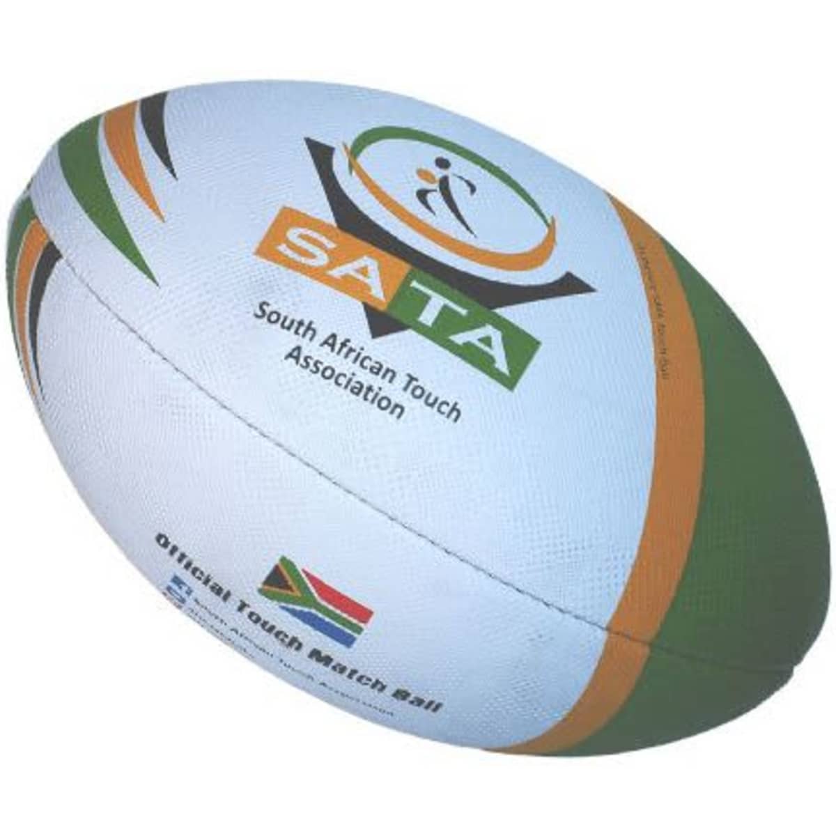 A rugby ball featuring green, orange, and white colours, with a logo and branding from the South African Touch Association.