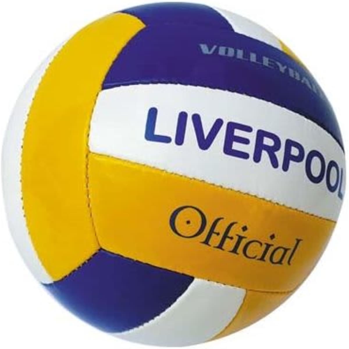 A volleyball in purple, yellow, and white, featuring branding and an official logo.
