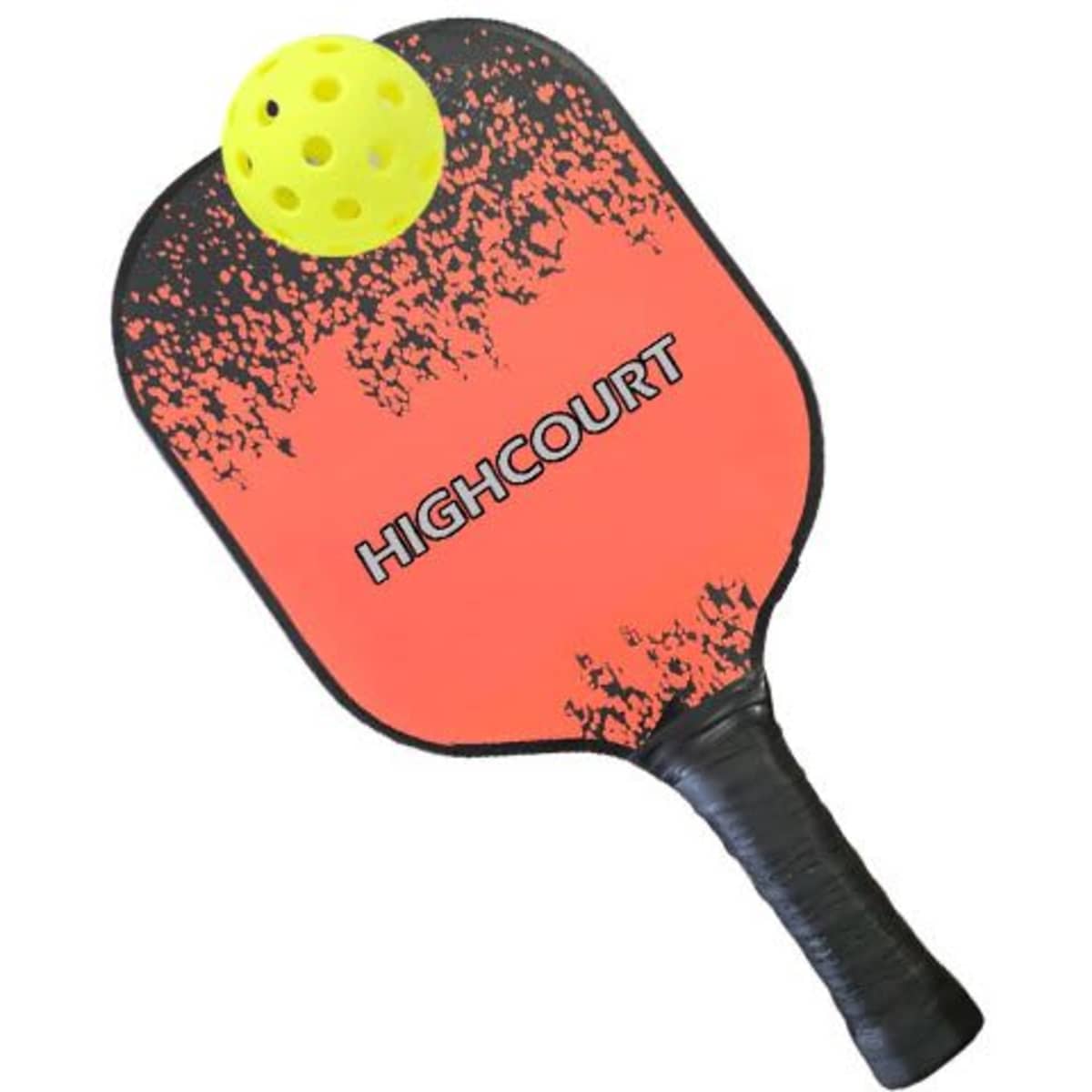 A pickleball paddle in vibrant orange with a black textured design and a yellow perforated ball resting on it.