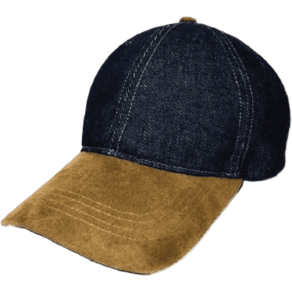 A cap featuring a dark denim upper and a brown suede peak, with stitching details and a curved visor.