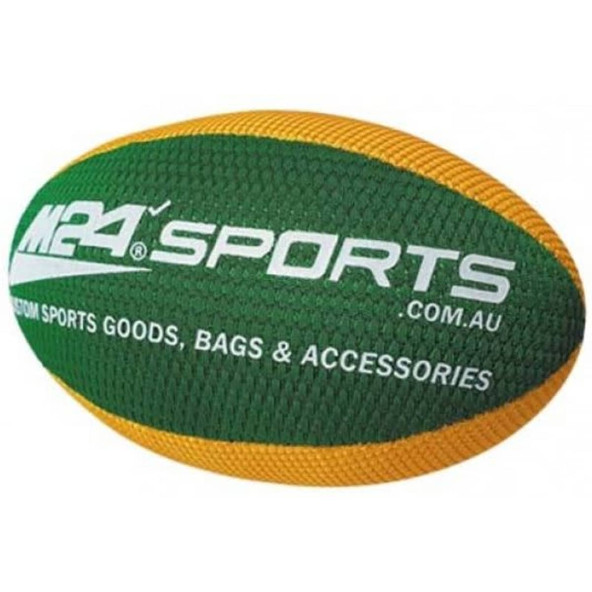 A green and yellow fabric stuffed rugby ball with a textured surface and a logo.