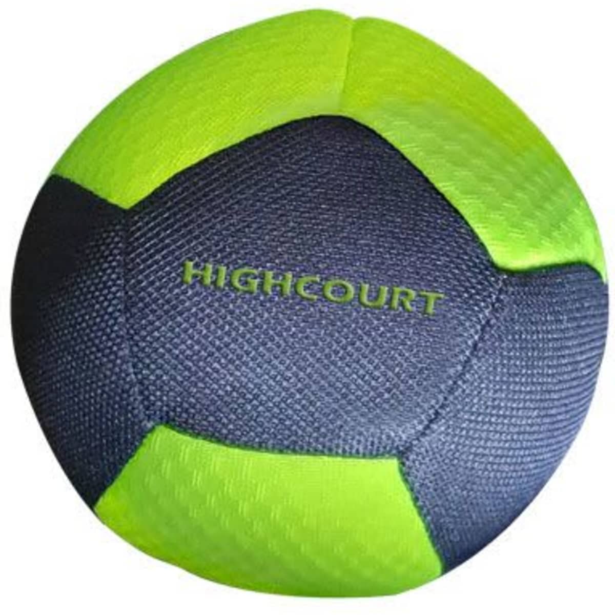 A stuffed fabric ball with 12 panels in vibrant green and dark navy blue, featuring a logo.