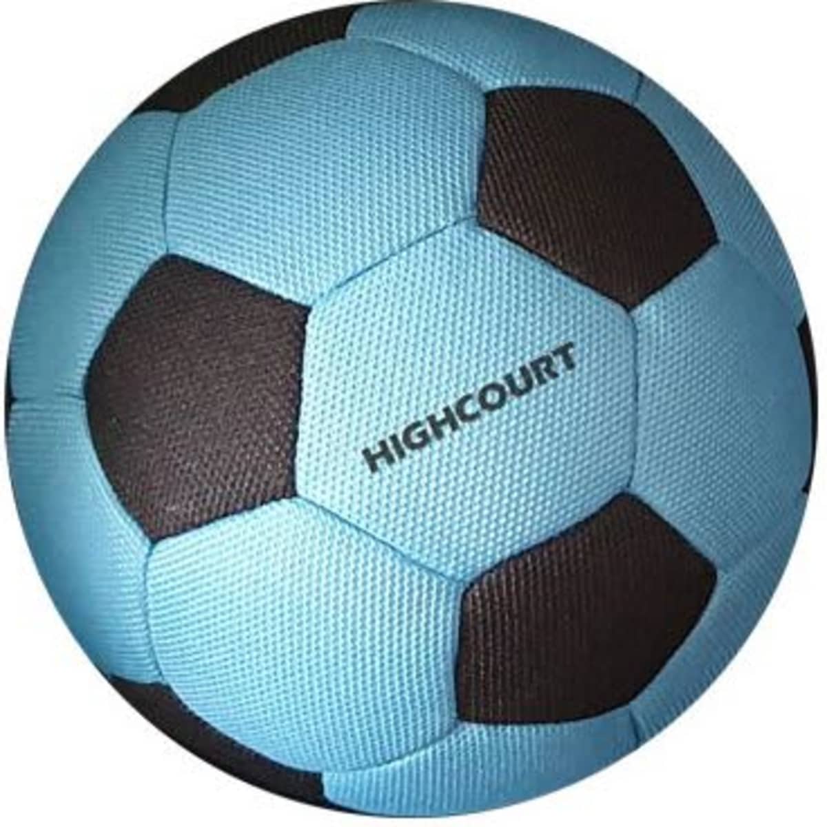 A blue and black 32-panel stuffed fabric ball featuring a logo, designed for soft play.