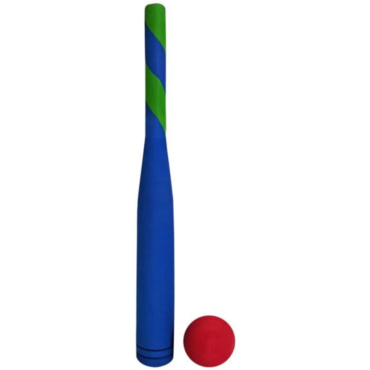 A blue foam baseball bat with green stripes and a red foam ball beside it, featuring a logo.
