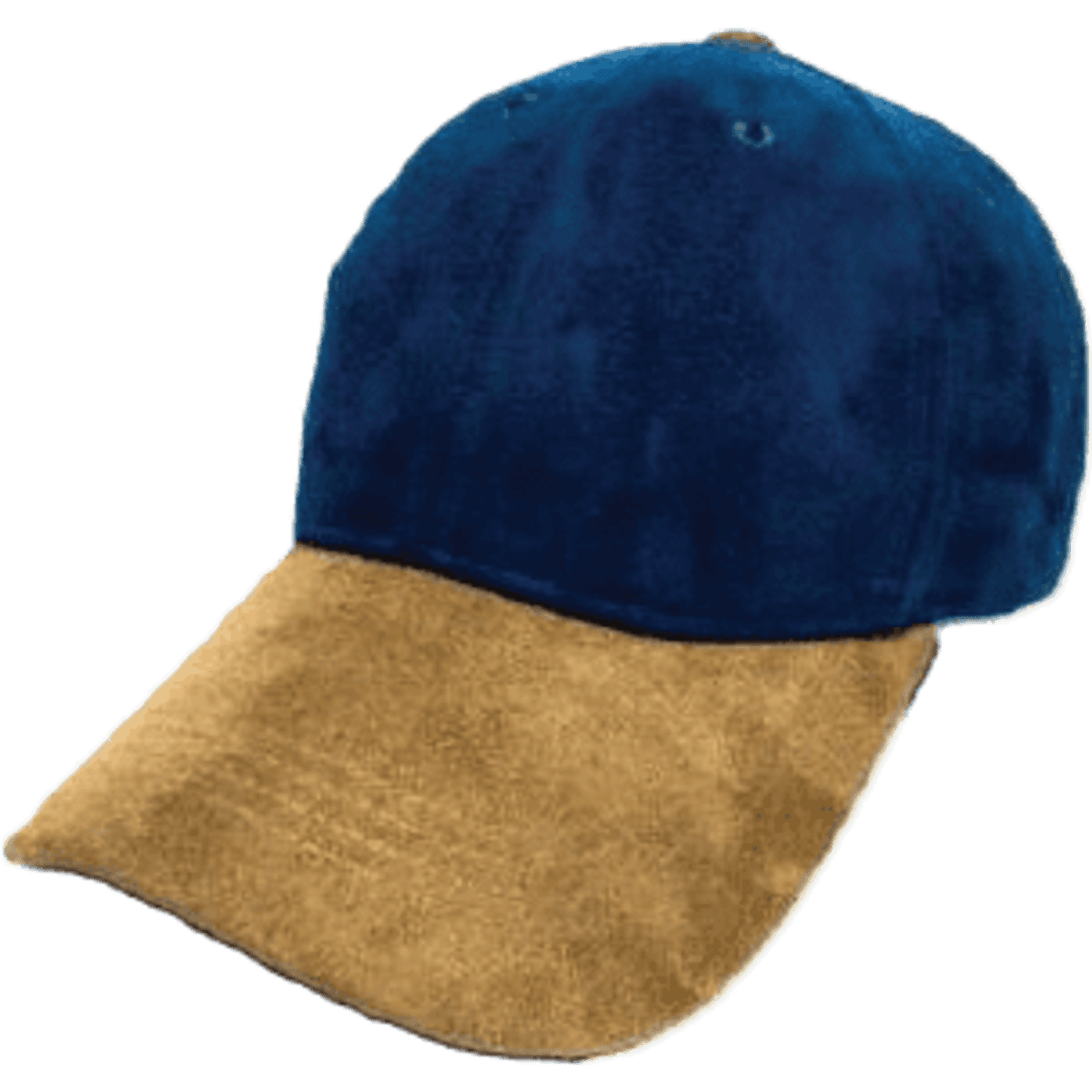 A cap featuring a blue upper section and a tan brim, with a logo present on the front.