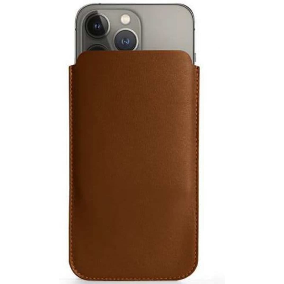 A brown leather phone sleeve with a smartphone partially inserted, featuring a minimalist design.