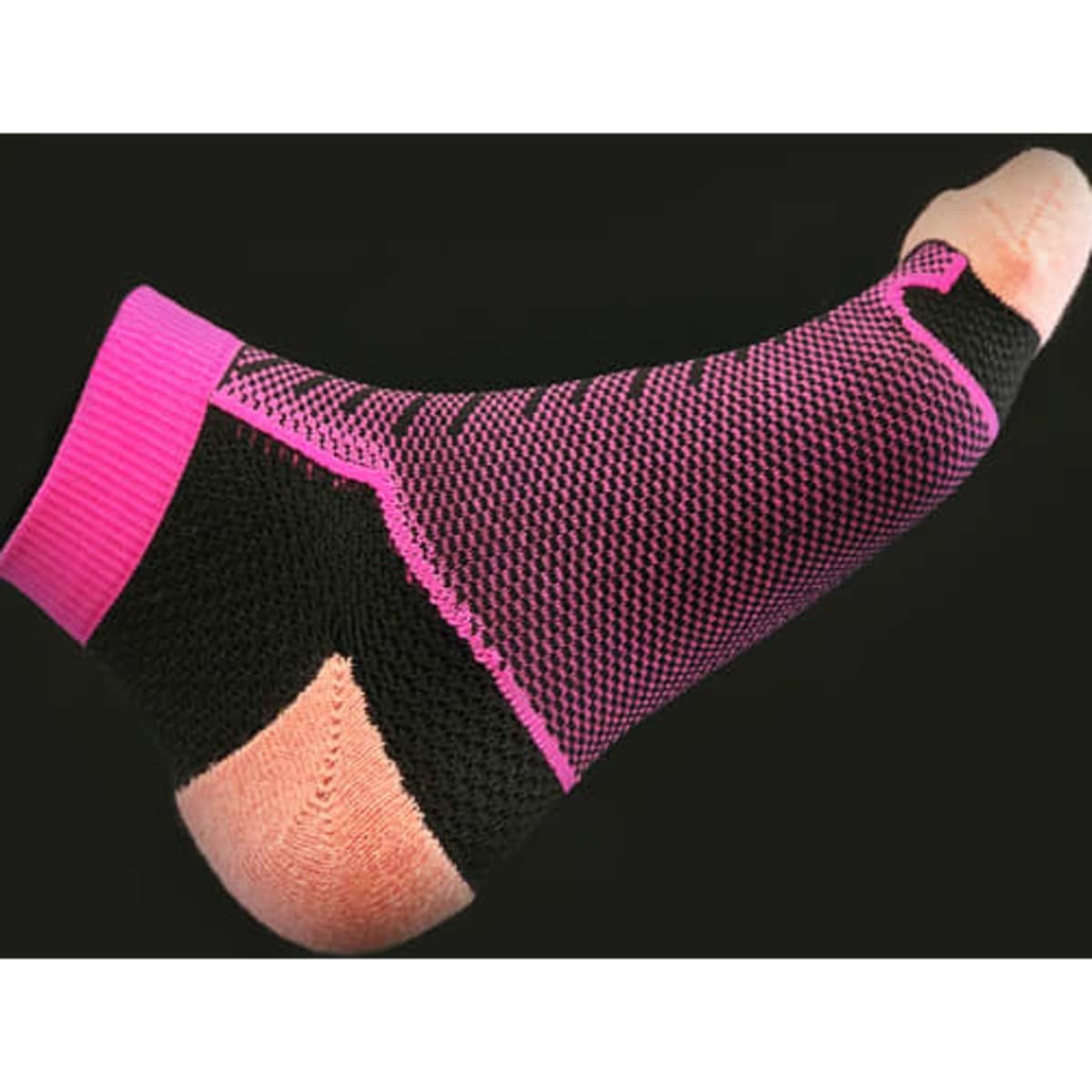 A pair of athletic socks featuring a pink, black, and peach mesh knit design with padded heel and toe.