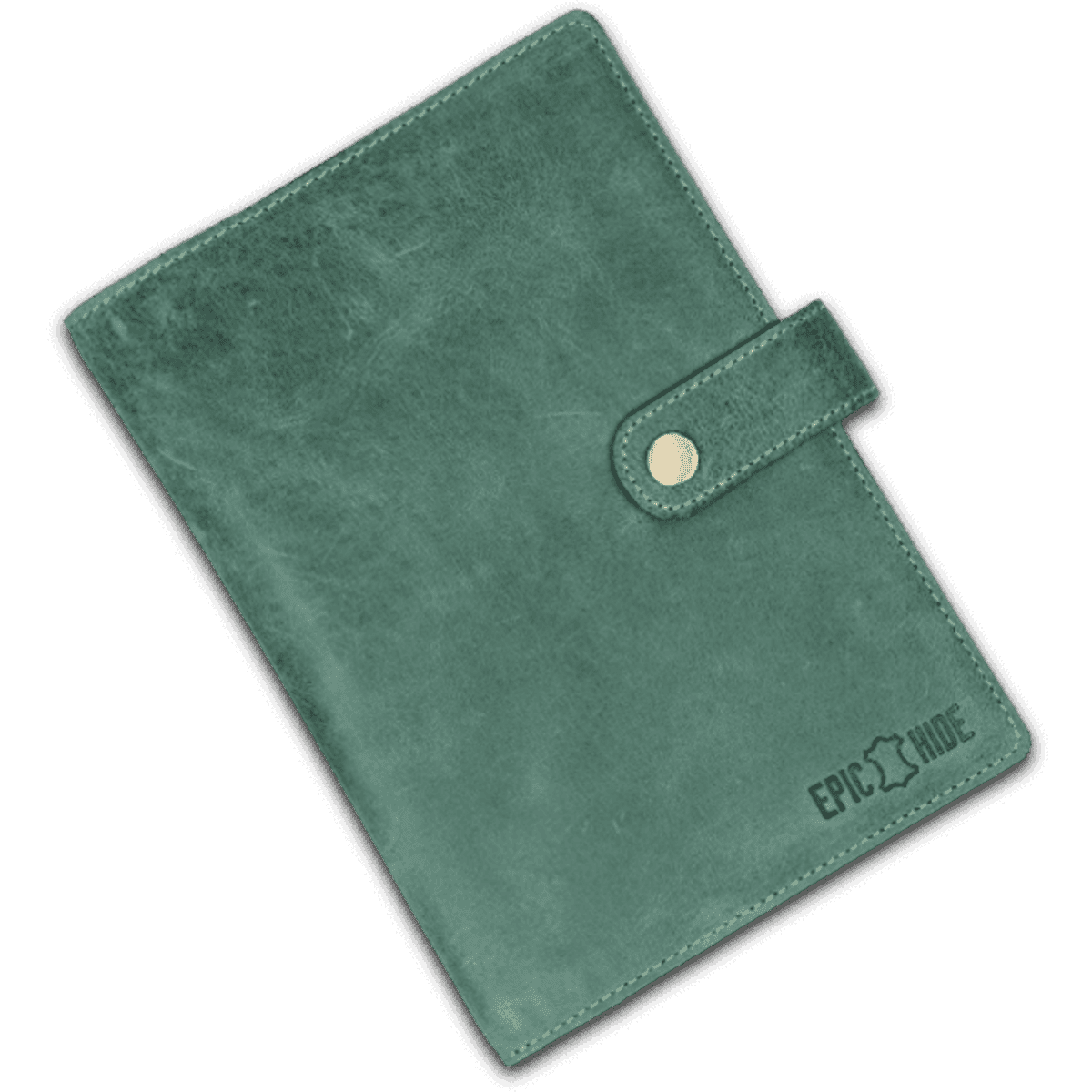 A green leather passport wallet with a button closure and a logo on the front.