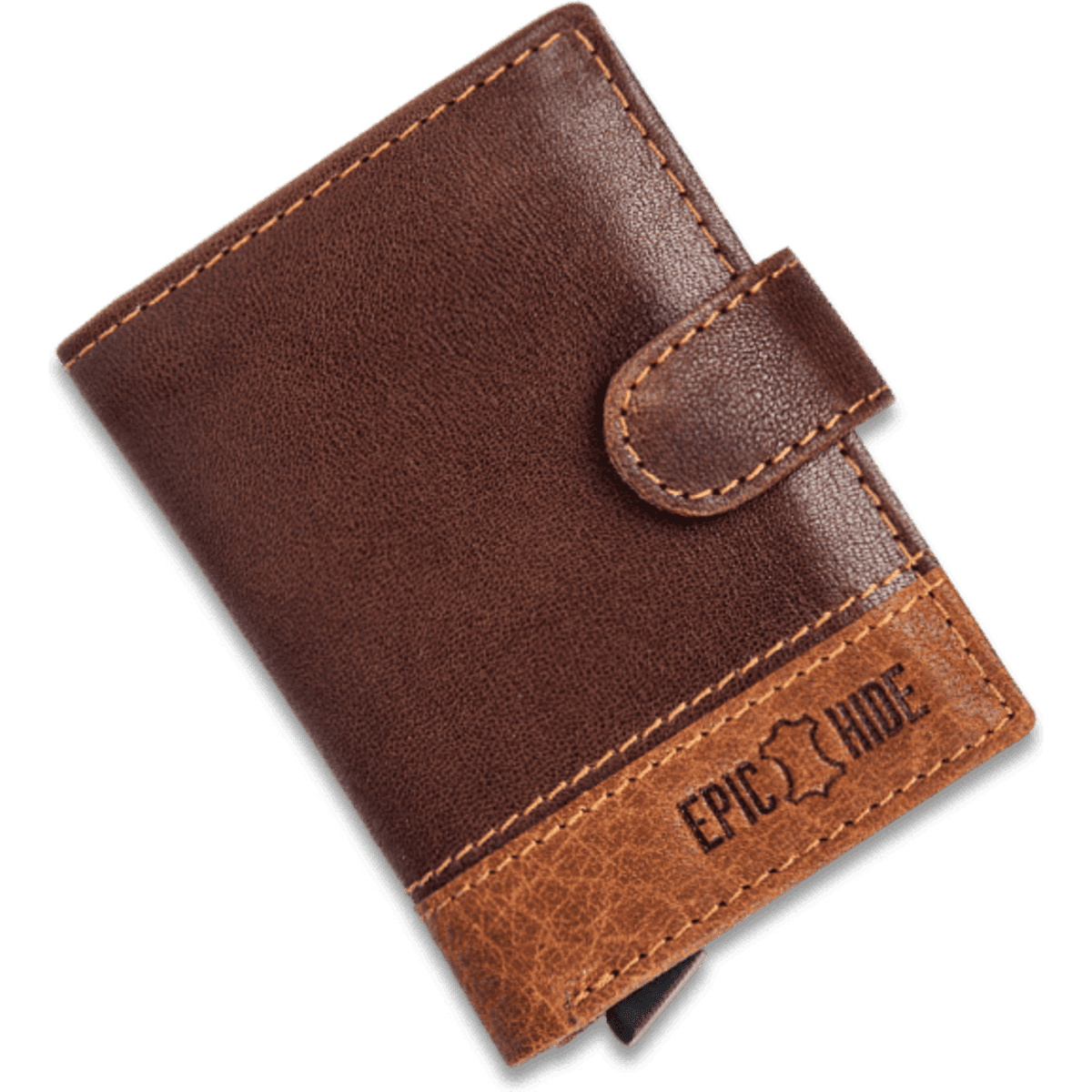 A brown leather wallet featuring a push button, with contrasting stitching and a logo.