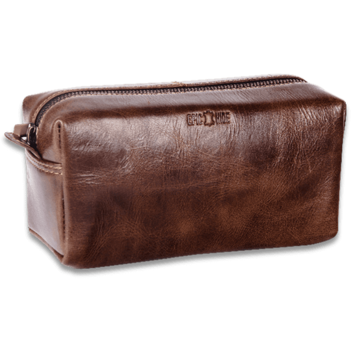 A leather toiletry bag in a rich brown colour with a zipper closure and a small logo on the side.