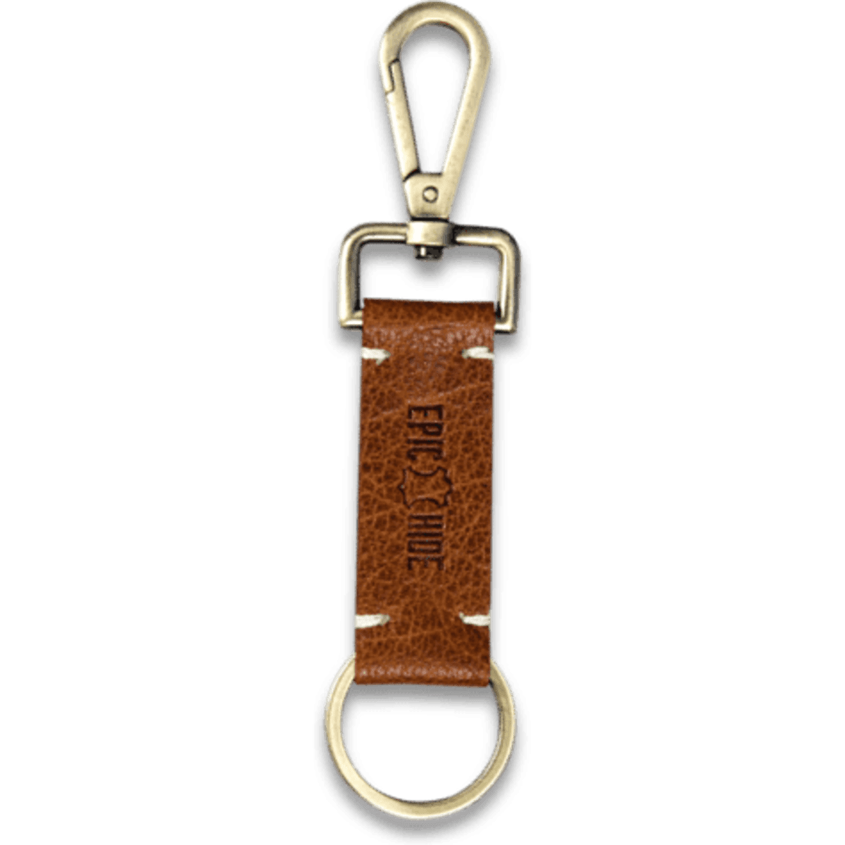 A brown leather key fob with a metal clip and ring, featuring a logo on the leather strap.
