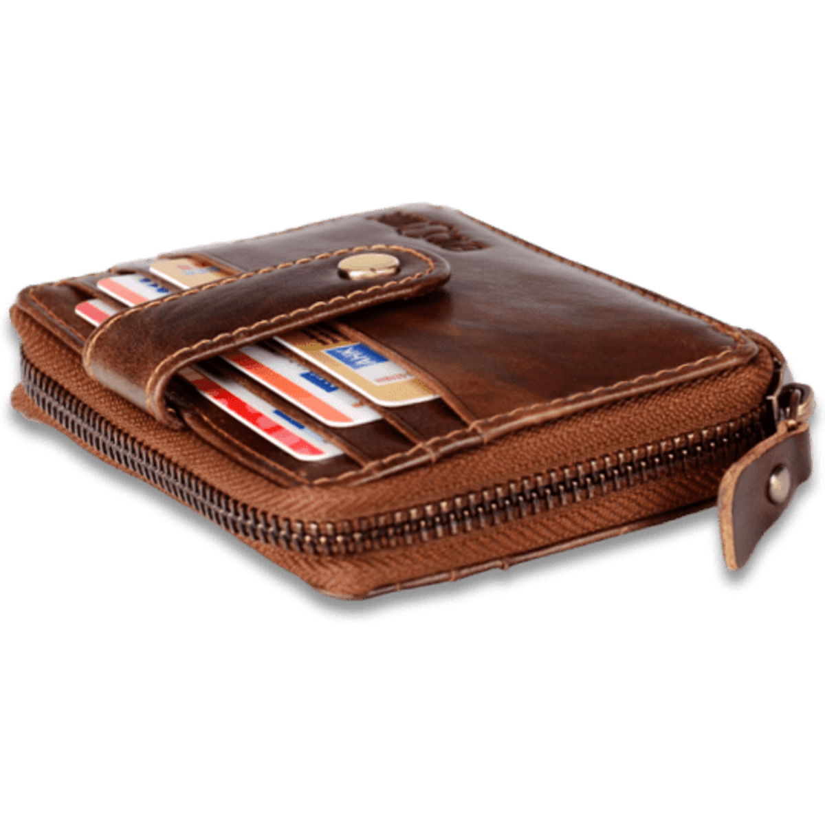 A brown leather zip-around wallet with cards visible inside, featuring a snap closure and a zipper.