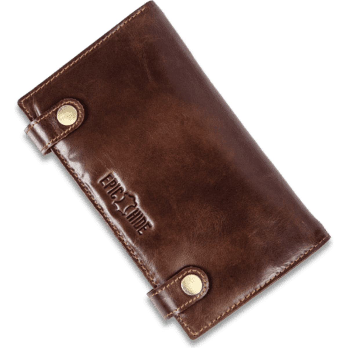 A brown leather wallet featuring a phone pocket and a logo, secured with gold fasteners.