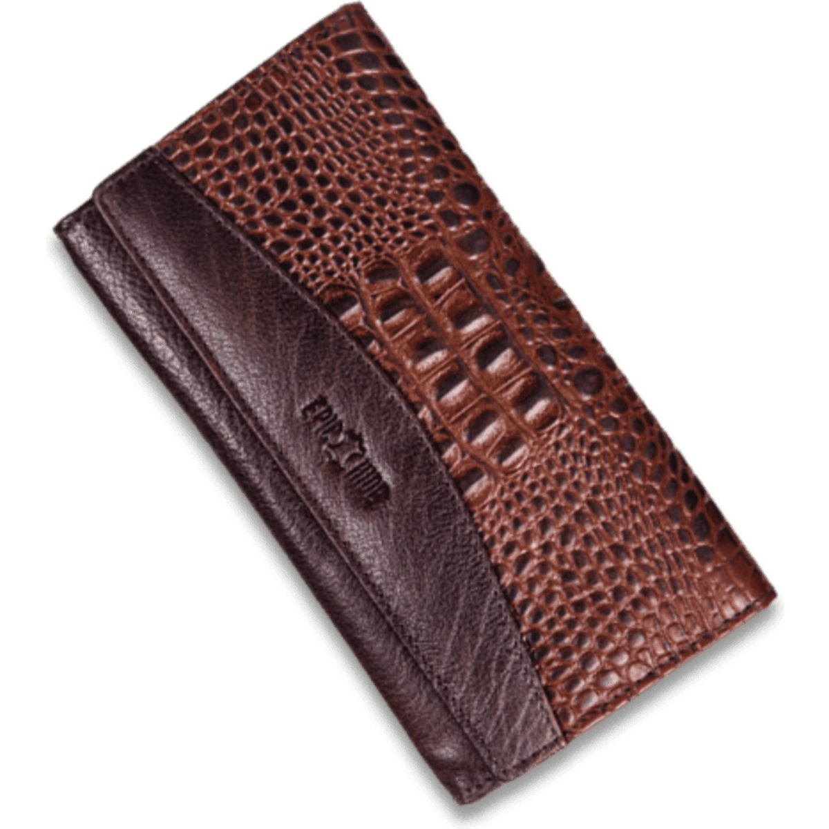 A brown leather ladies wallet featuring a textured design with a logo, showcasing an elegant and stylish appearance.
