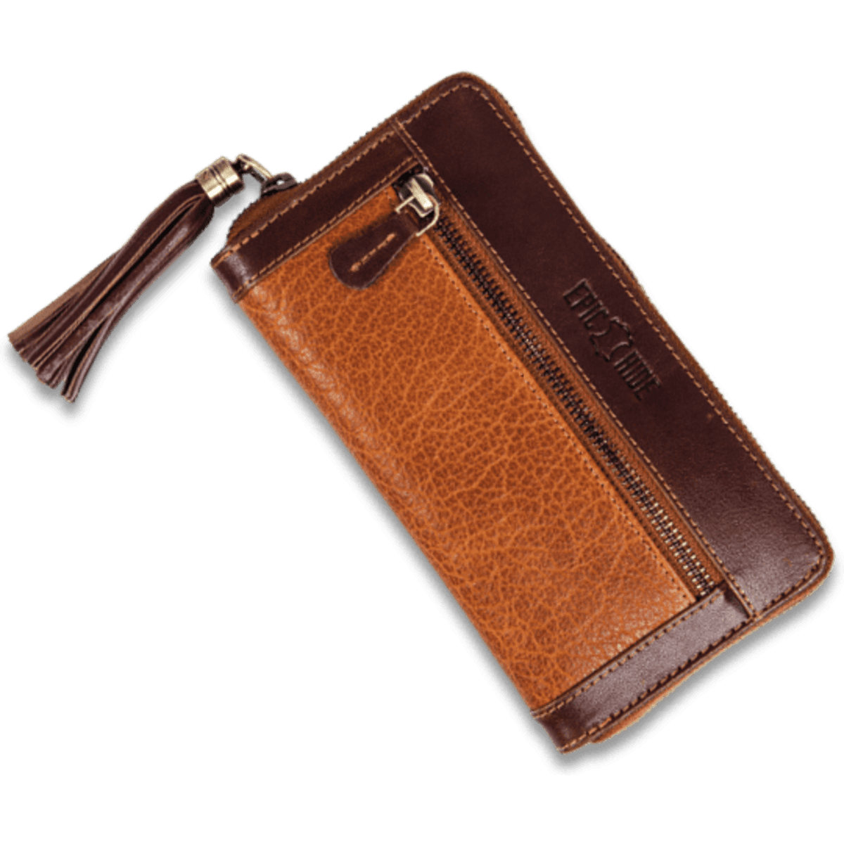 A brown and tan leather wallet with a tassel, featuring a zip compartment and a logo.