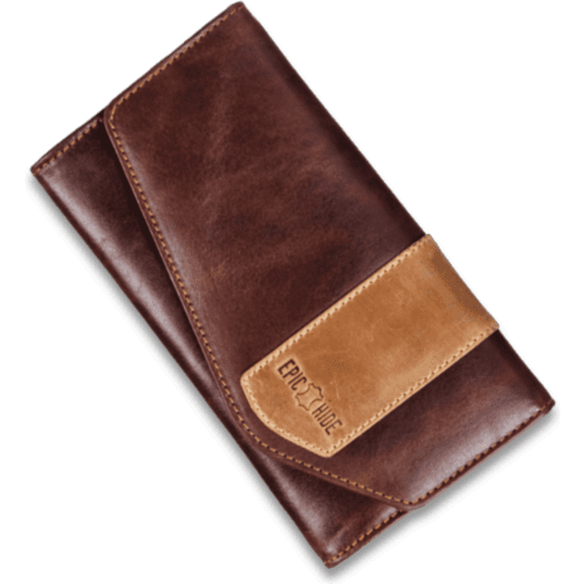 A brown leather ladies wallet featuring a tan accent and a logo. The design is sleek and modern.