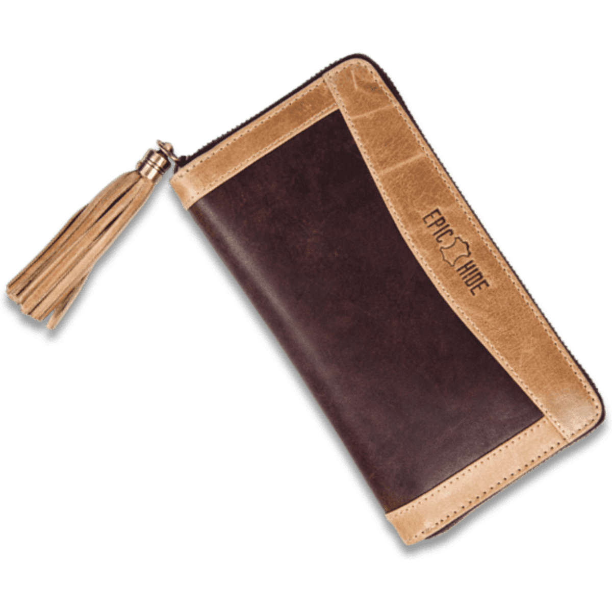 A dark brown ladies wallet with a tassel and a contrasting light brown section, featuring a logo.