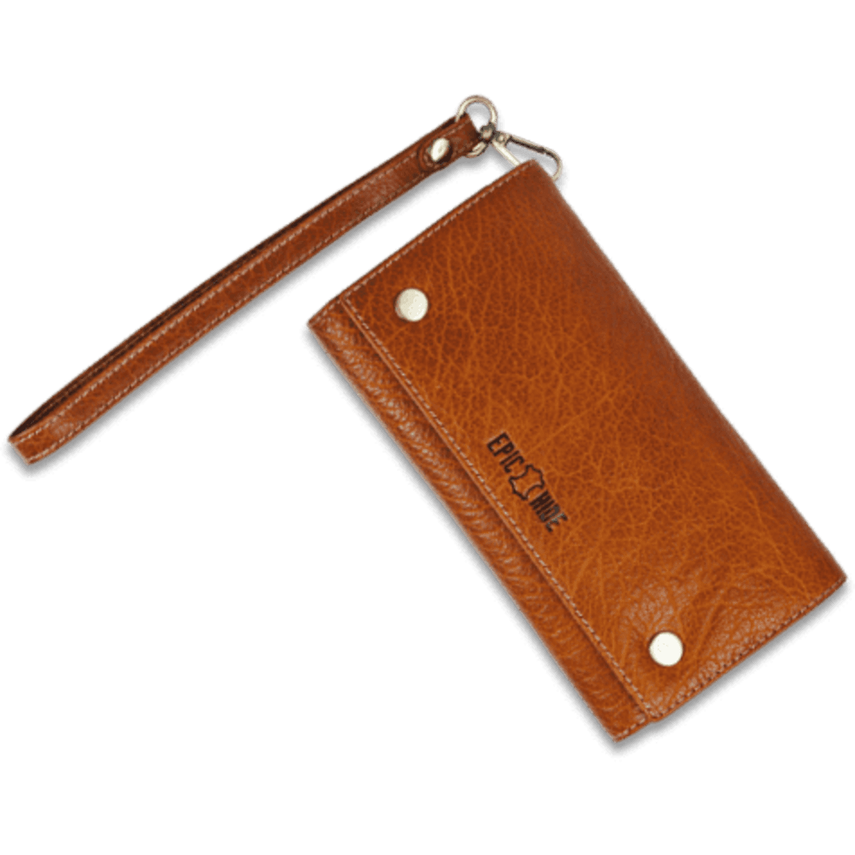 A brown leather ladies wallet with a wristlet strap and a logo. Simple and stylish design.