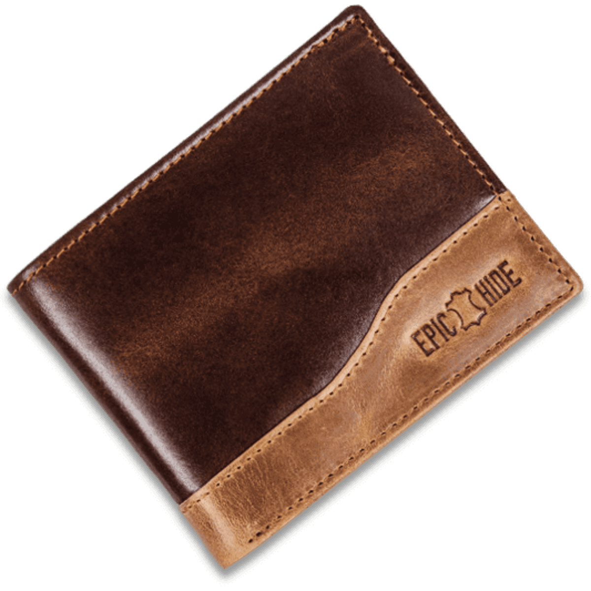 A brown leather men's wallet featuring a tan accent and a logo.