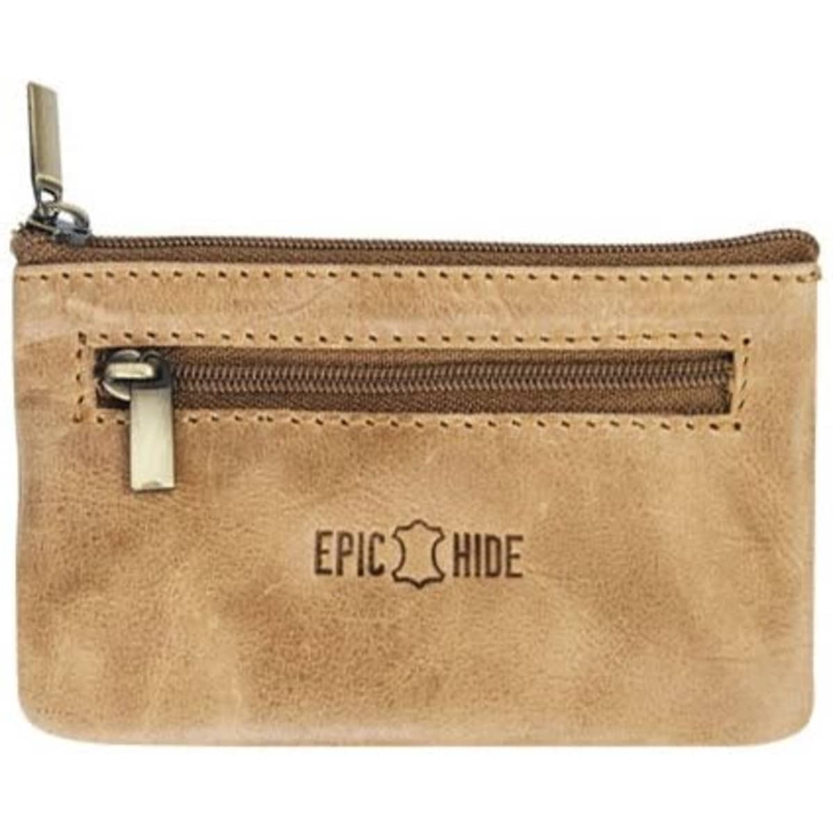 A leather coin pouch in tan colour with a zippered closure and a branding logo on the front.