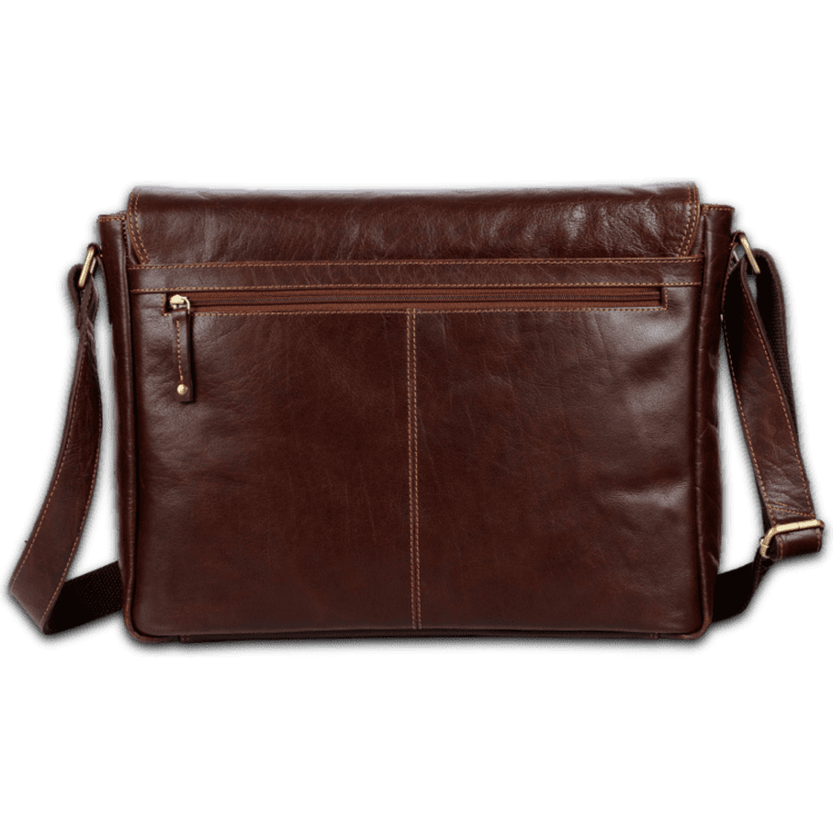 A brown leather laptop bag with a front zipper pocket and an adjustable shoulder strap.