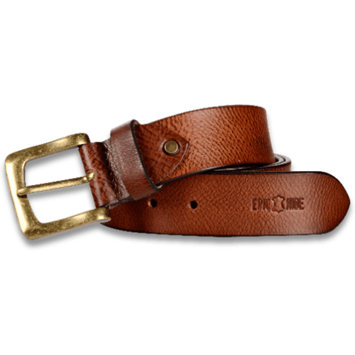 A brown leather belt with a brass buckle and decorative stitching, featuring a logo.