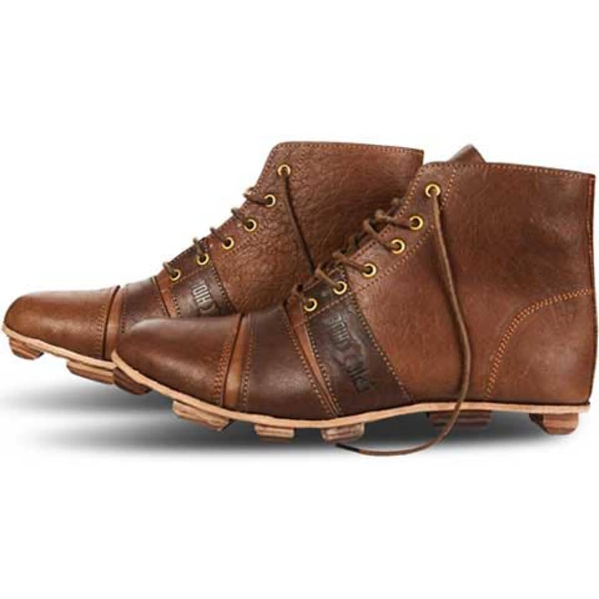Brown leather football boots with laces and a logo, featuring a high-top design and studded soles.