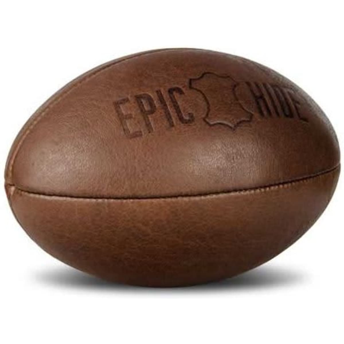 A vintage brown leather rugby ball with an embossed logo, featuring a four-panel design.