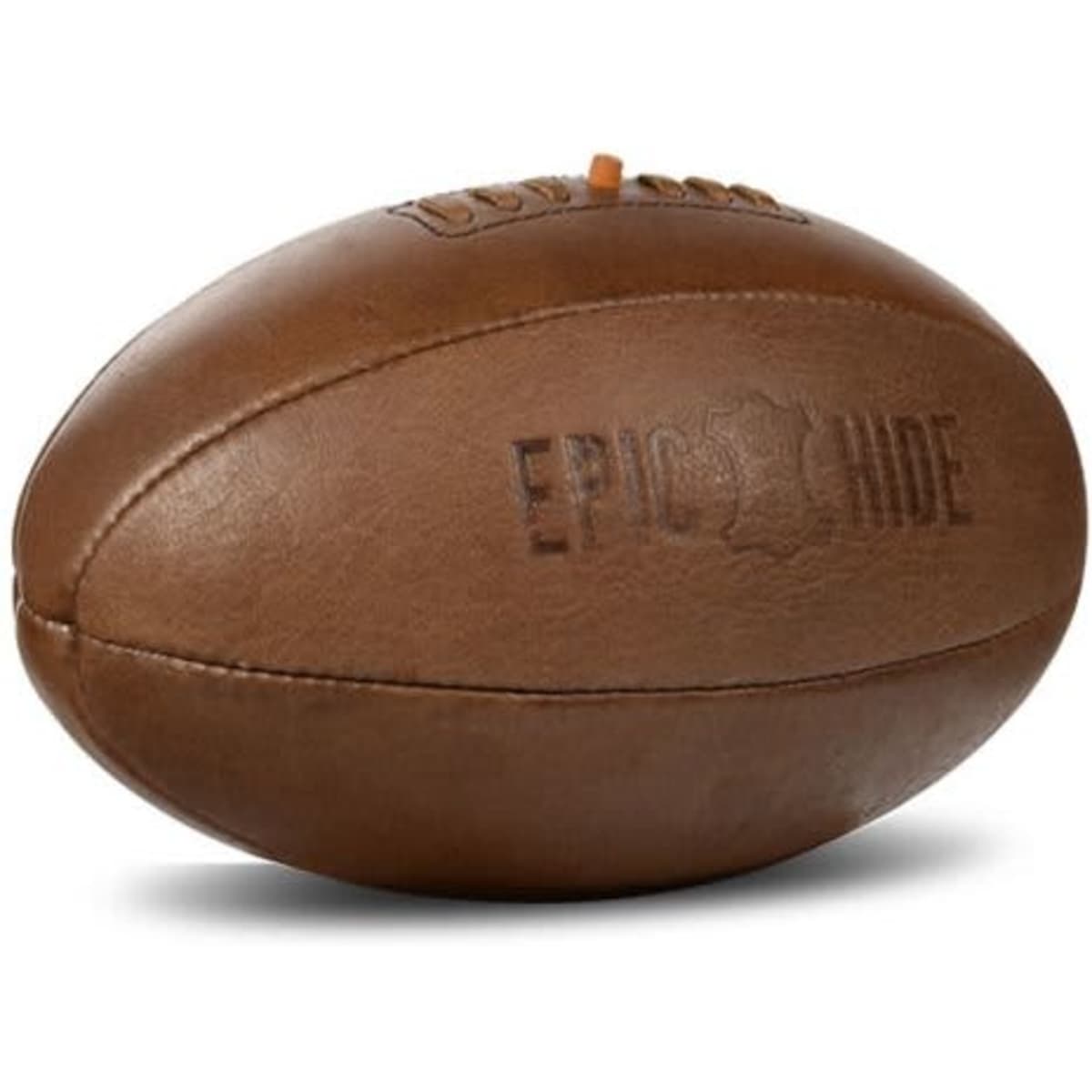 A vintage leather rugby ball in brown, featuring a six-panel design and a logo embossed on the surface.