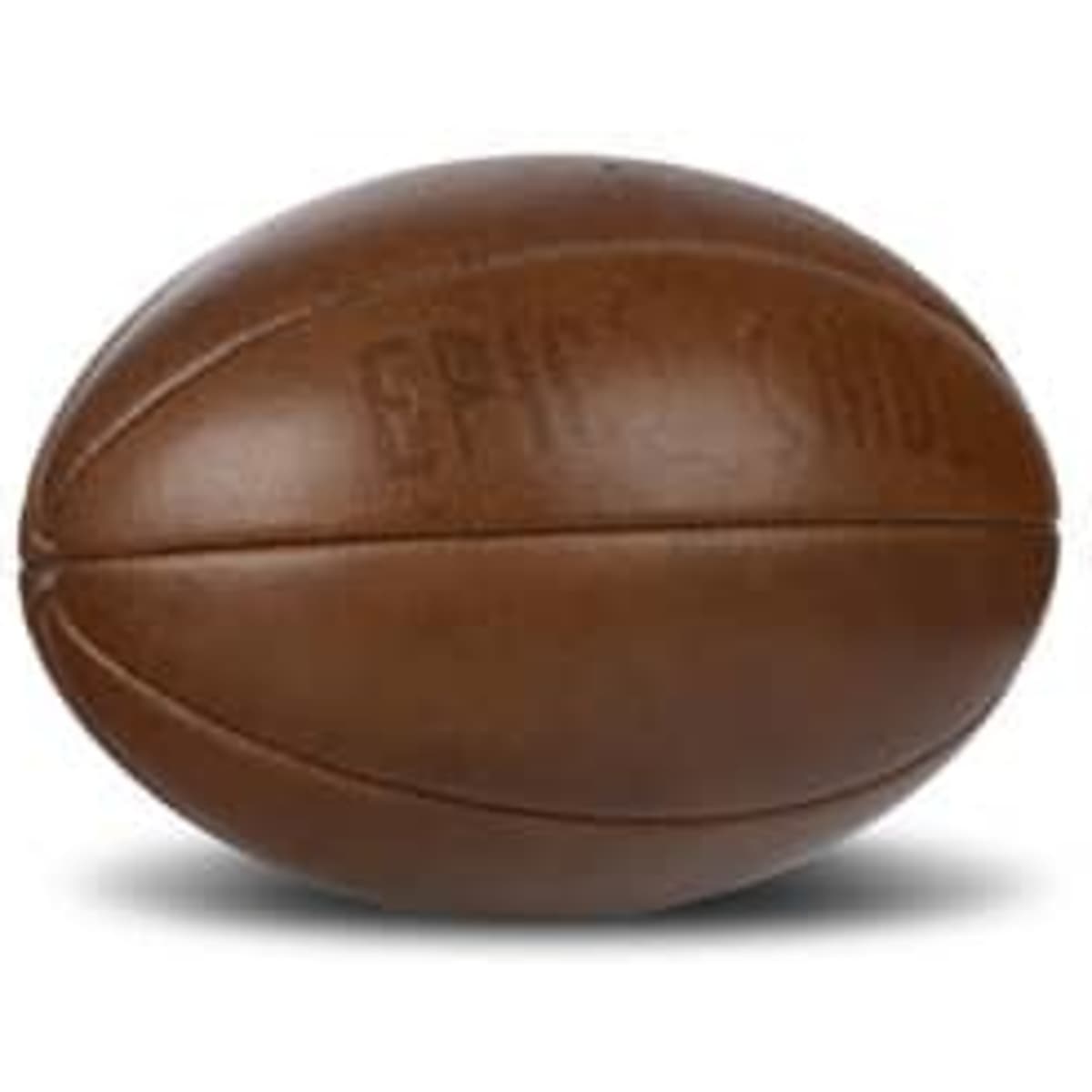 A brown vintage leather rugby ball featuring an eight-panel design and a logo.