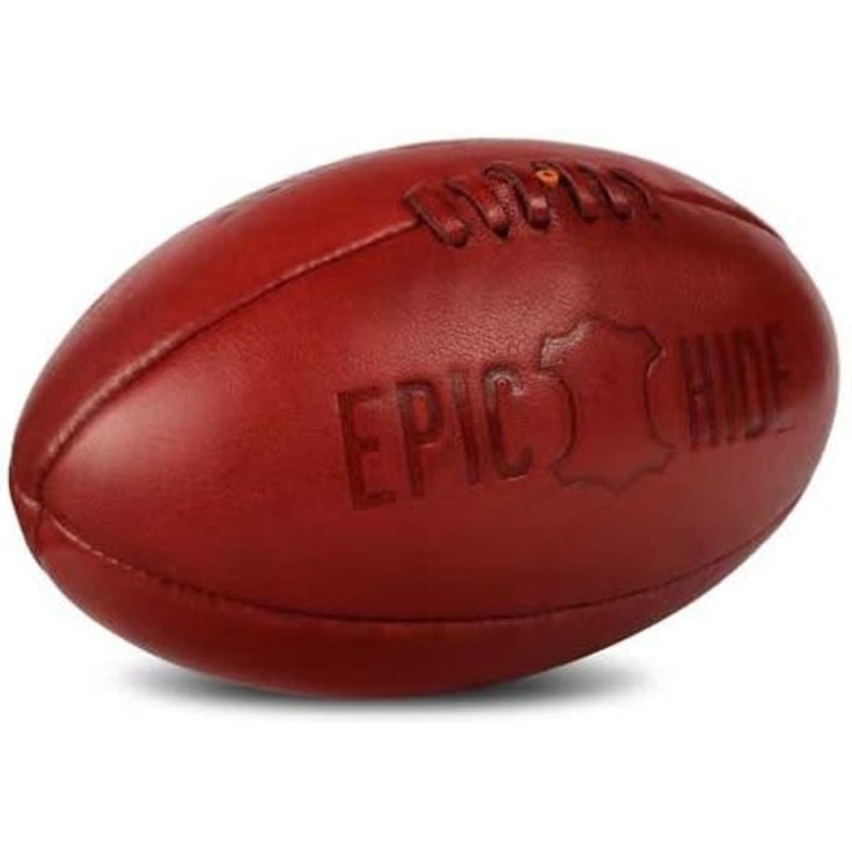 A red retro-look Australian football with a logo, featuring a smooth, textured surface.