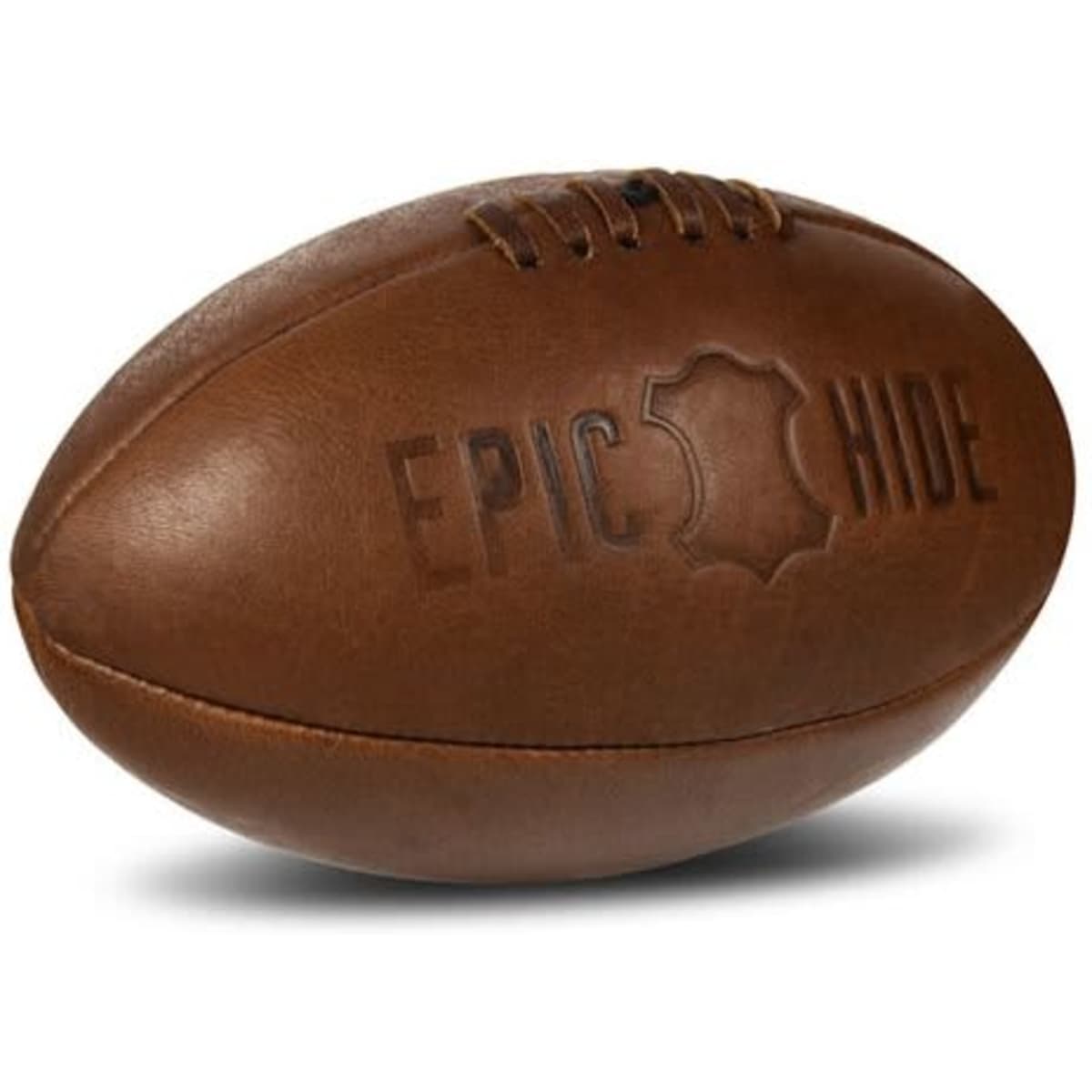 A dark tan Australian football with a textured surface and a logo.