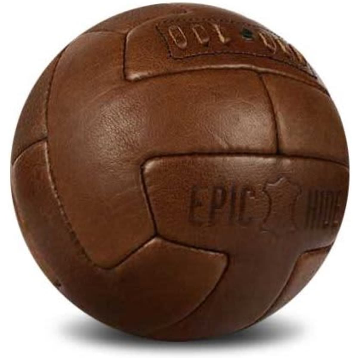 A vintage leather soccer ball in shades of brown with a textured surface and logo branding.