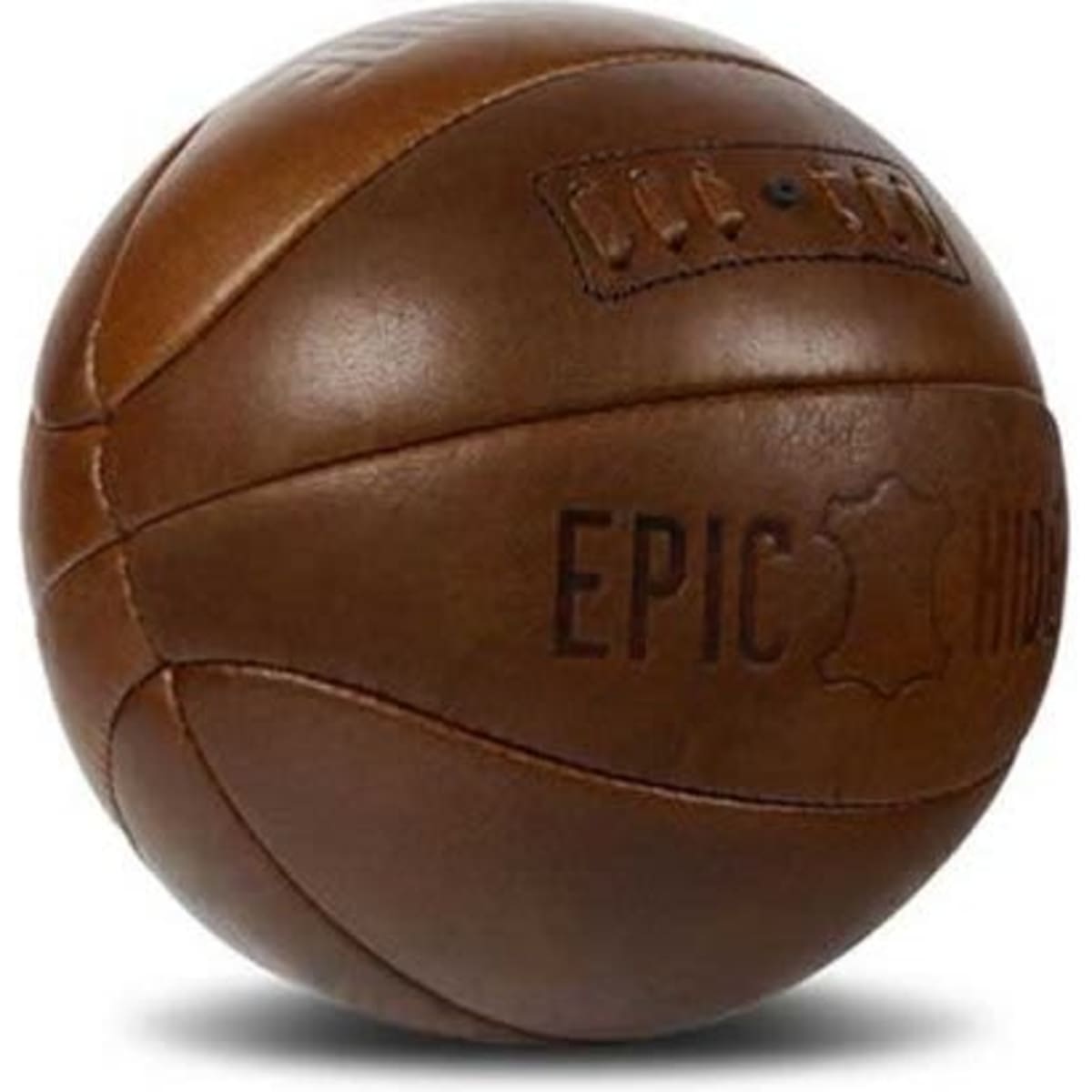 A vintage leather soccer ball in brown, featuring a textured surface and an embossed logo.