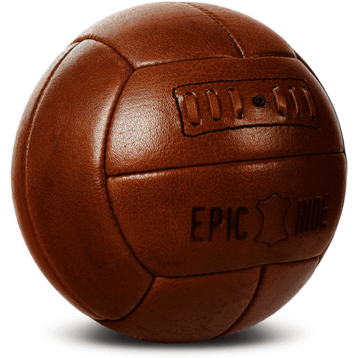 A vintage leather soccer ball in brown with a textured finish and a logo. It features 12 distinct panels.