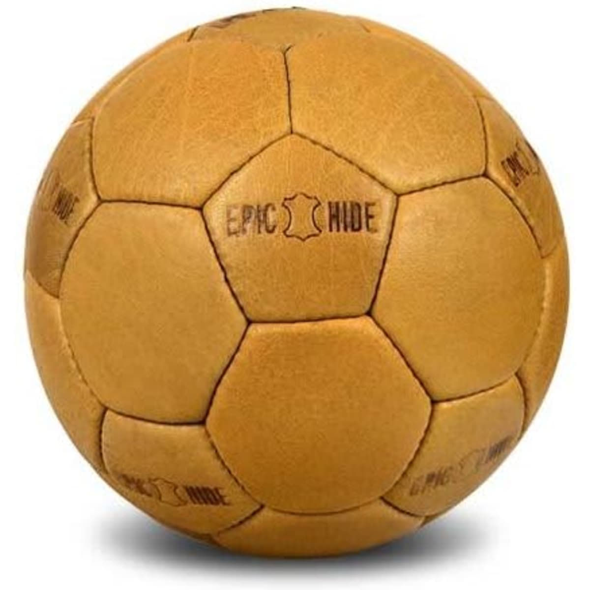 A real leather soccer ball with a brown hue featuring a hexagonal design and a logo.