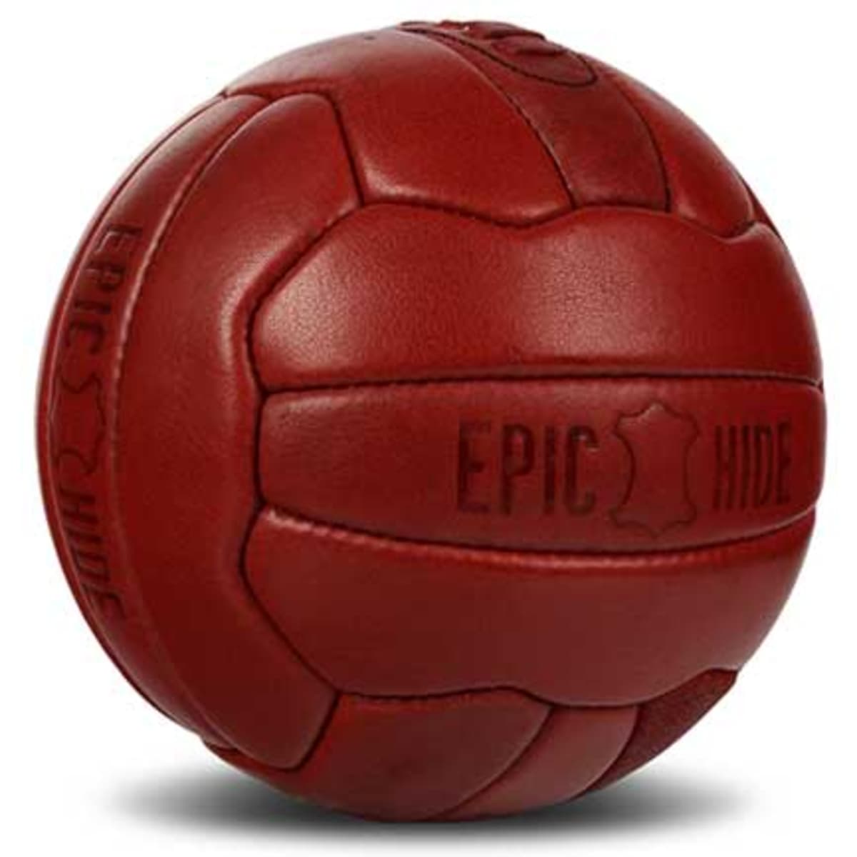 A 18-panel real leather soccer ball in a deep red colour, featuring textured detailing and a logo.
