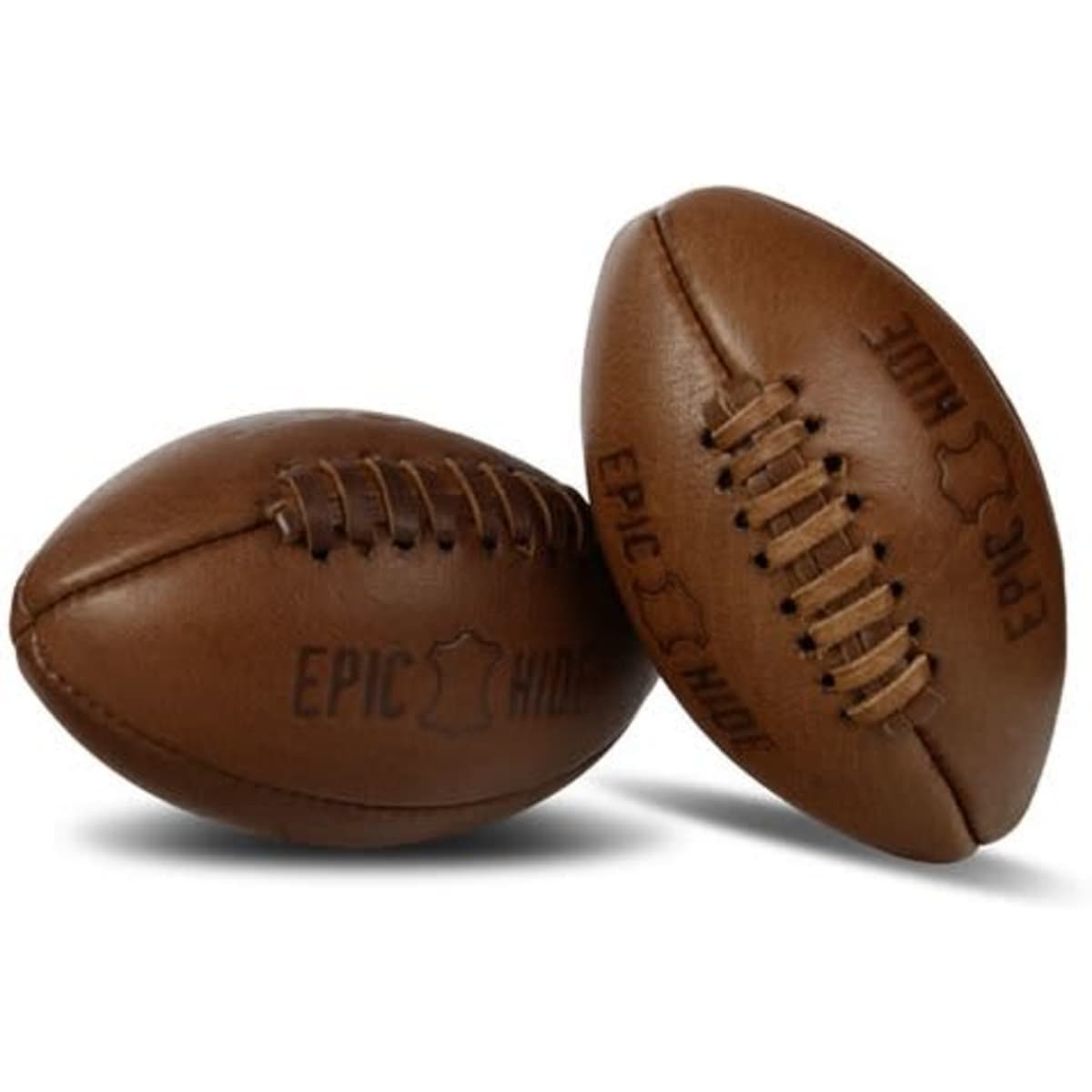 Two vintage leather American footballs in brown, featuring a logo and laces for an authentic look.