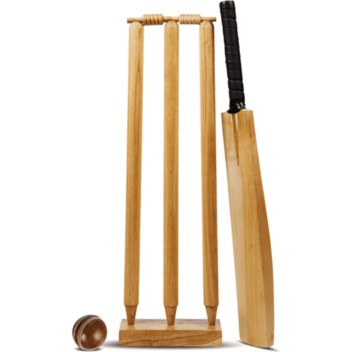 A vintage-look wooden cricket set featuring a bat, ball, and stumps in natural wood tones.