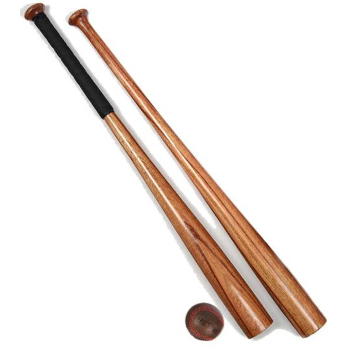 Two wooden baseball bats in a retro style, one with a black grip, accompanied by a baseball.