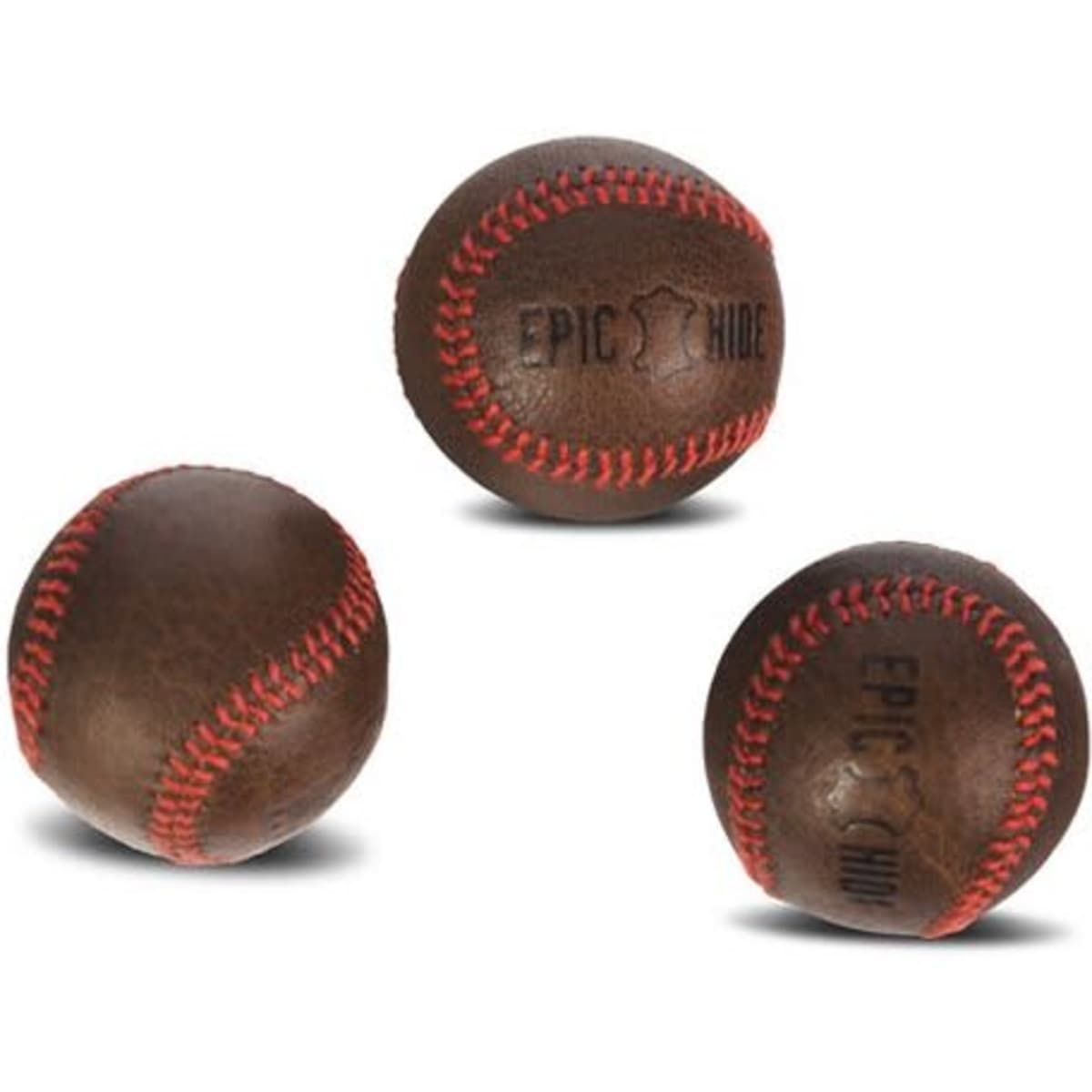 Three retro-style baseballs in brown leather with red stitching and a logo on them.