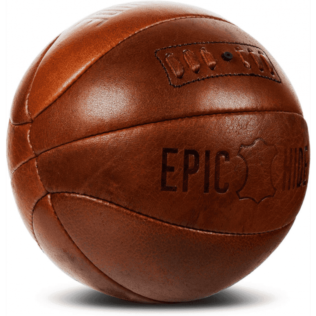 A vintage leather basketball in a rich brown colour with a logo and textured surface.